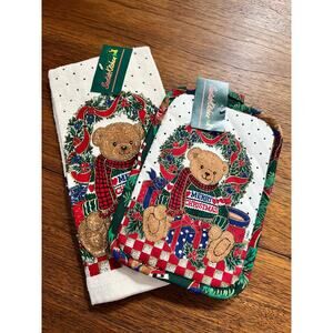 Vintage 1990s Christmas Teddy Bear Linen Set: Hand Towel, Washcloth & Pot Holder